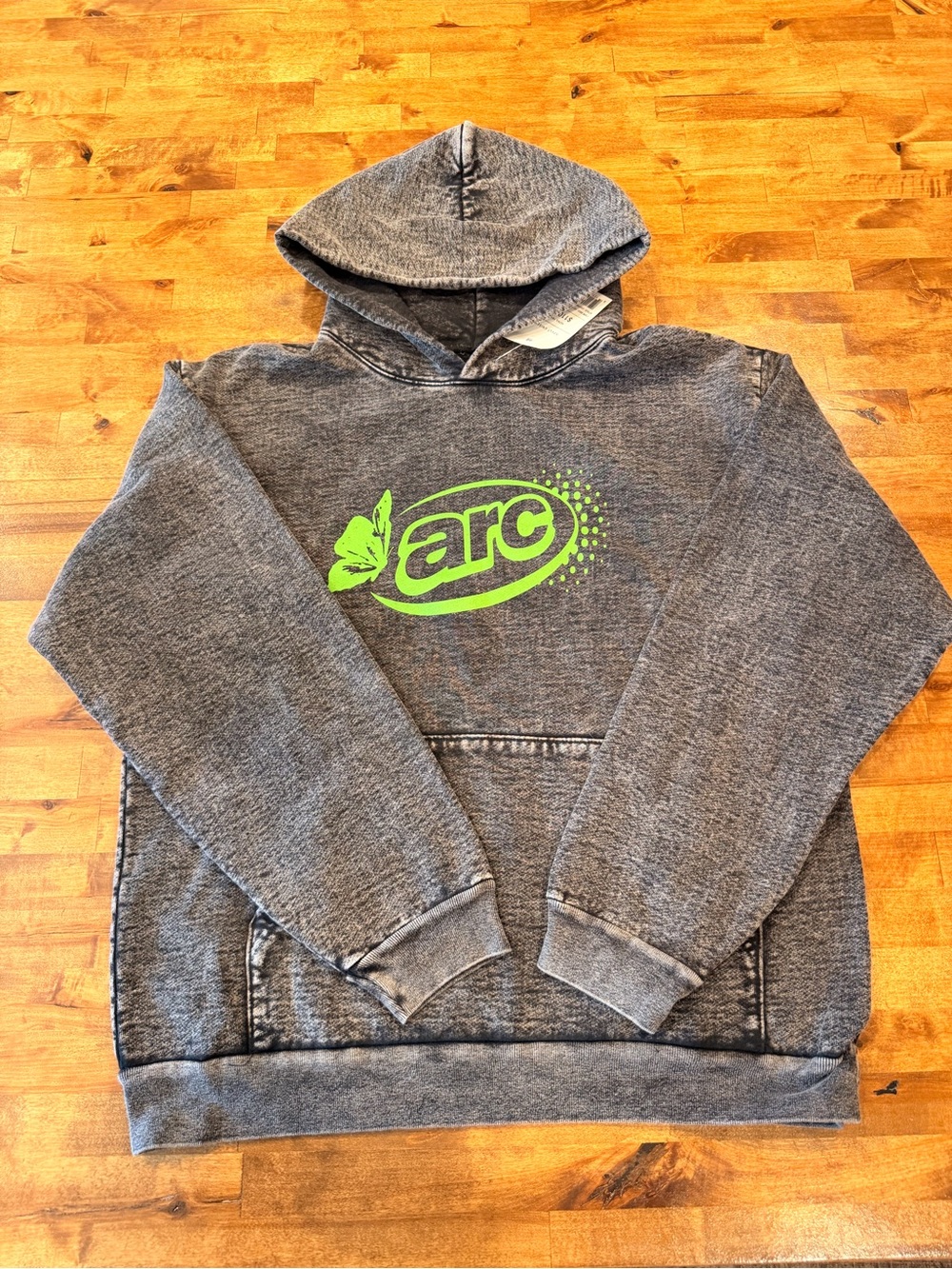 Arc Logo Gray Hooded Sweatshirt with Neon Green Accent